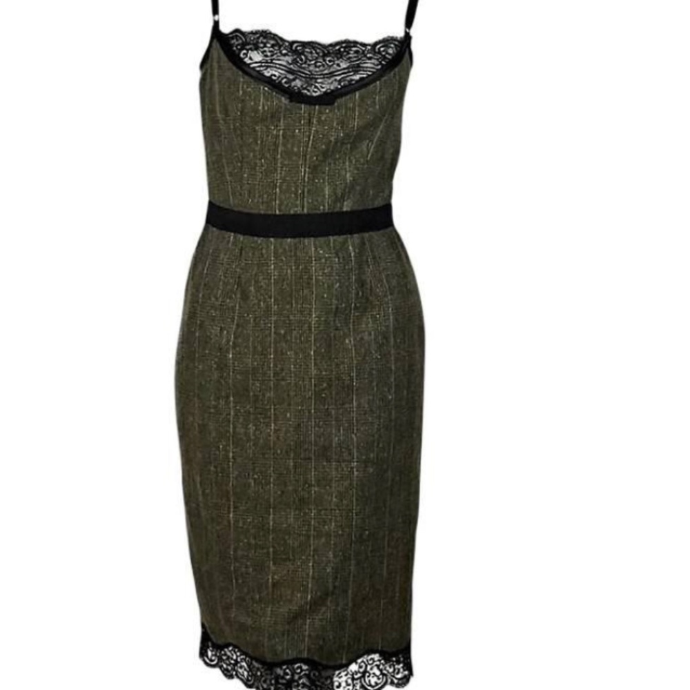 NWT  Dolce & Gabbana ☘️Olive Plaid Wool & Lace Sheath Dress
